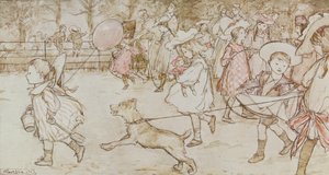 JMバリーによる「ケンジントンガーデンのピーターパン」からの「広い散歩」、1906 作： Arthur Rackham